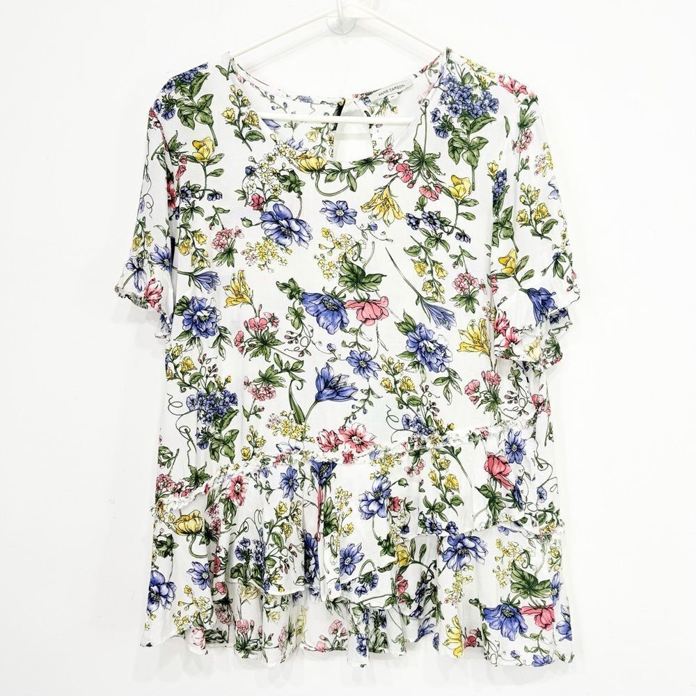 Anne Carson White Colorful Floral Ruffle Hem Short Sleeve Spring Summer Top